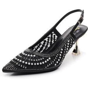 VenusCelia Womens 8.5 Black White Silver Beaded Pointy Toe 3" Slingback Heels